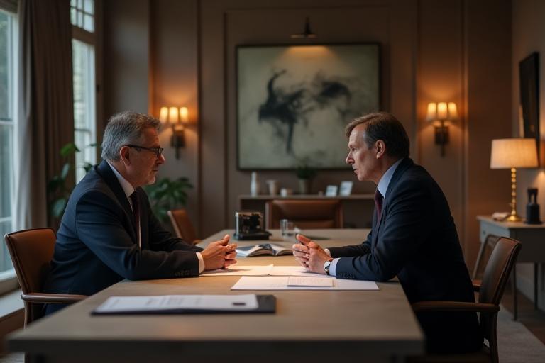 변호사와 예술가가 고급스러운 사무실에서 미팅하는 장면