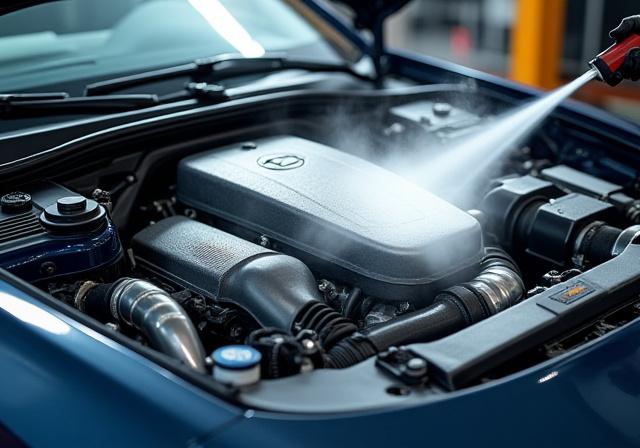 고급 차량 엔진룸을 스팀 세척으로 청소하는 모습