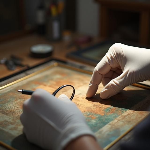 미술 전문가가 루 빼를 들고 그림을 감정하는 모습