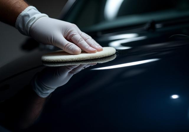 전문가가 고급 차량 표면에 세라믹 코팅을 적용하는 모습